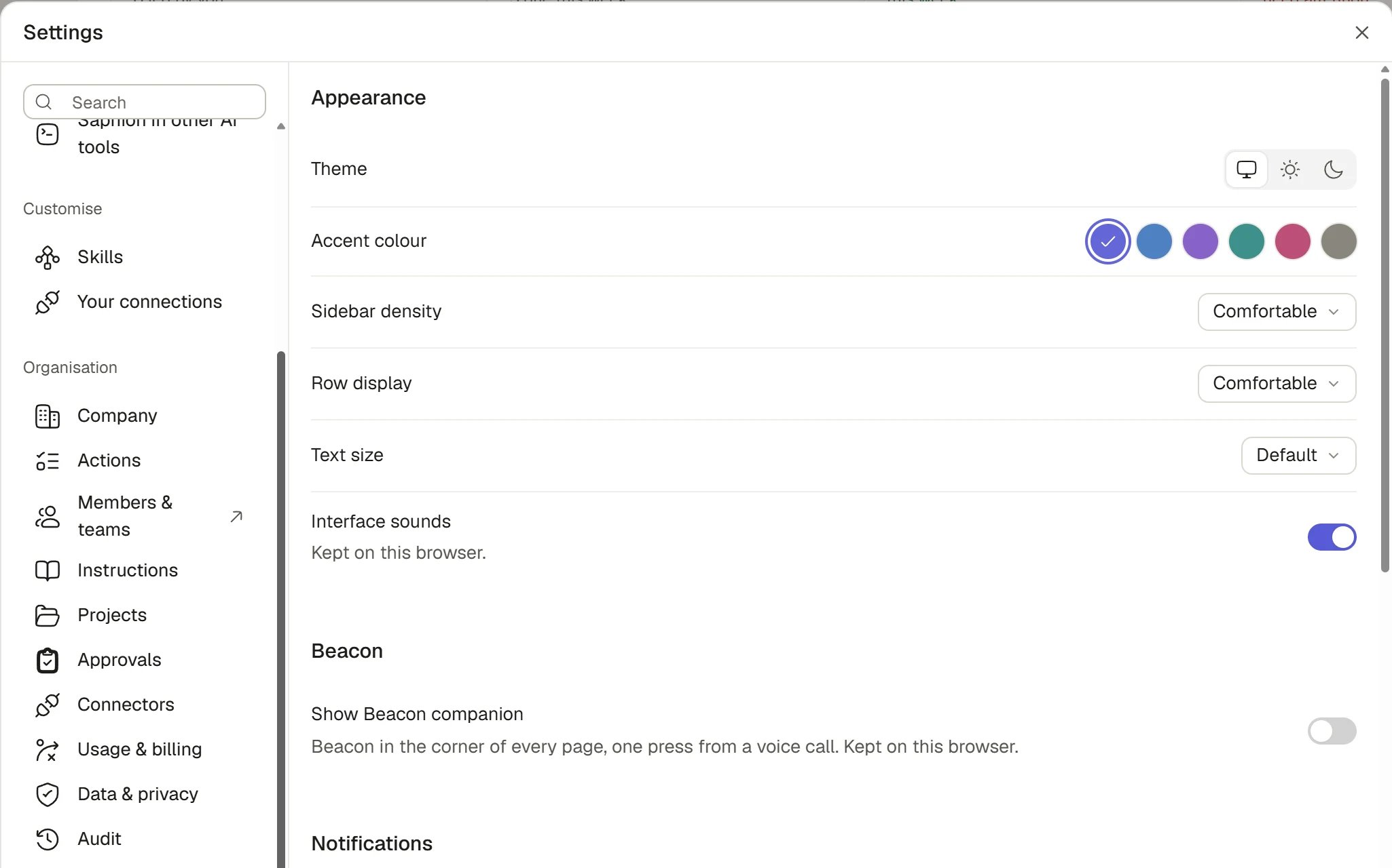 Settings showing the Organisation navigation and appearance controls.