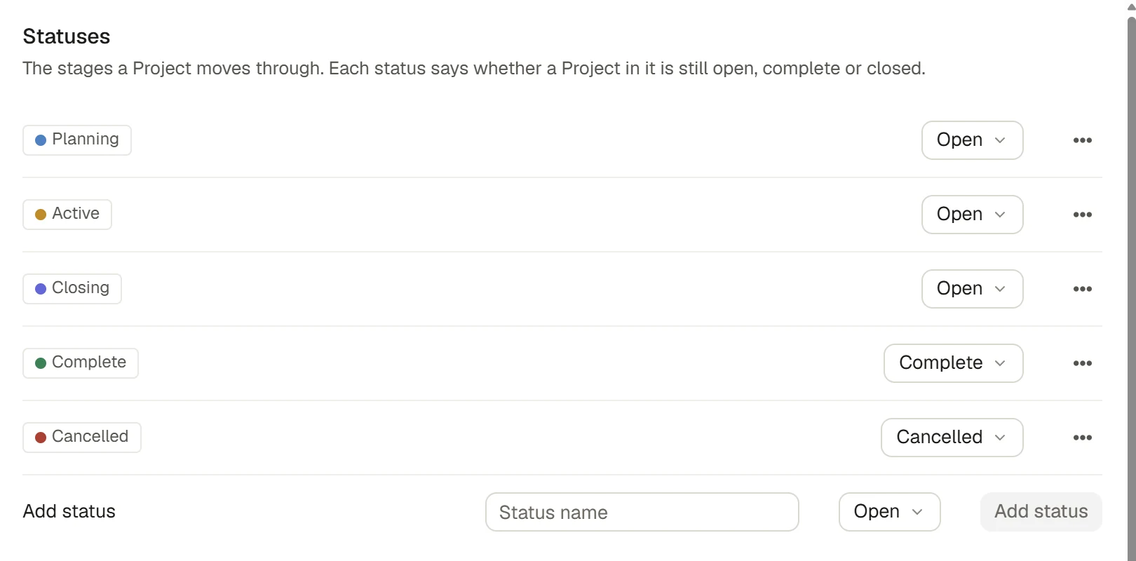 Project statuses with their lifecycle choices.