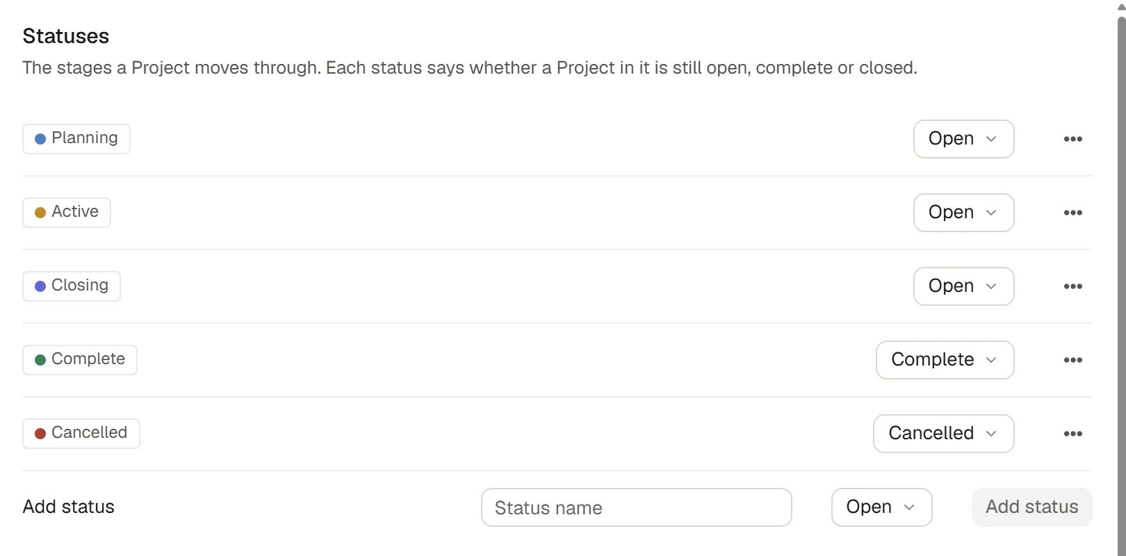 Project statuses with their lifecycle choices.