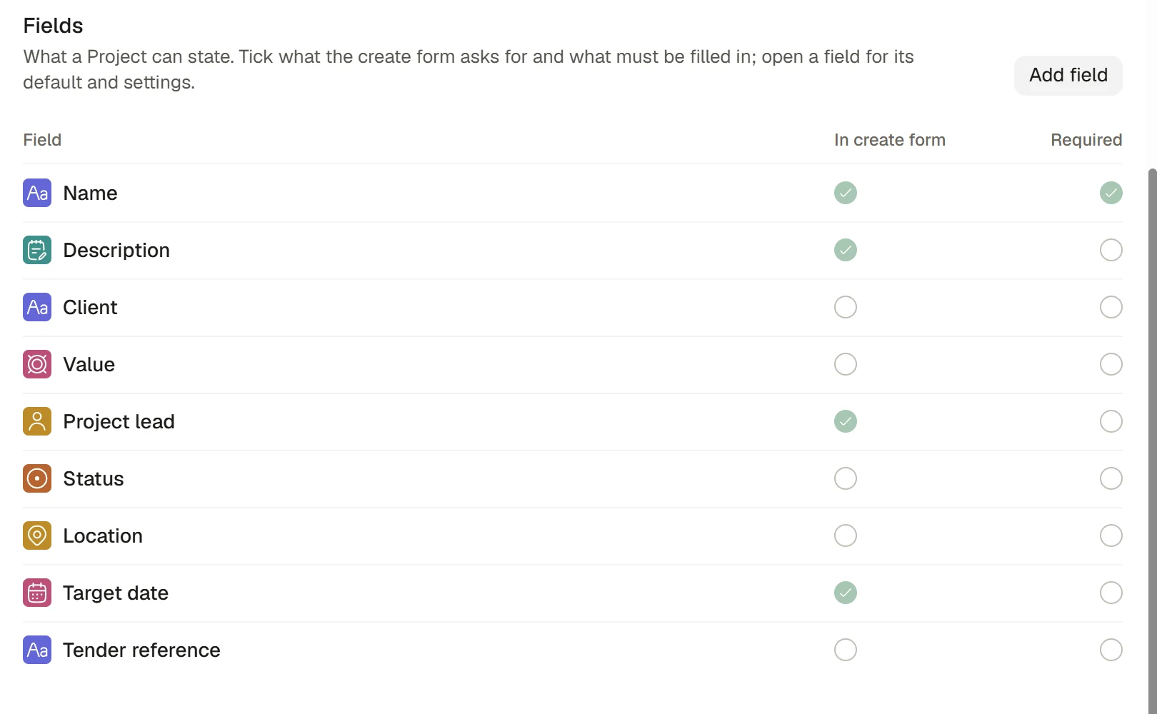 Project fields with create form and required options.