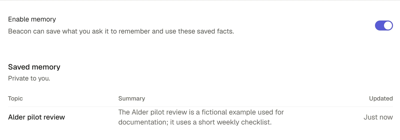 Memory settings showing a fictional saved memory.