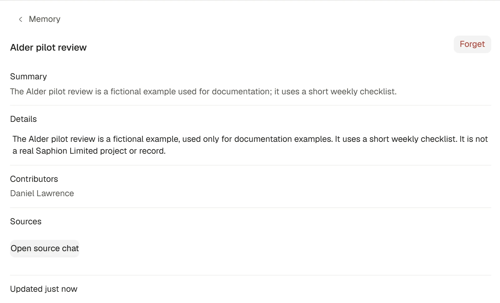 A fictional memory showing its summary, details and source chat.