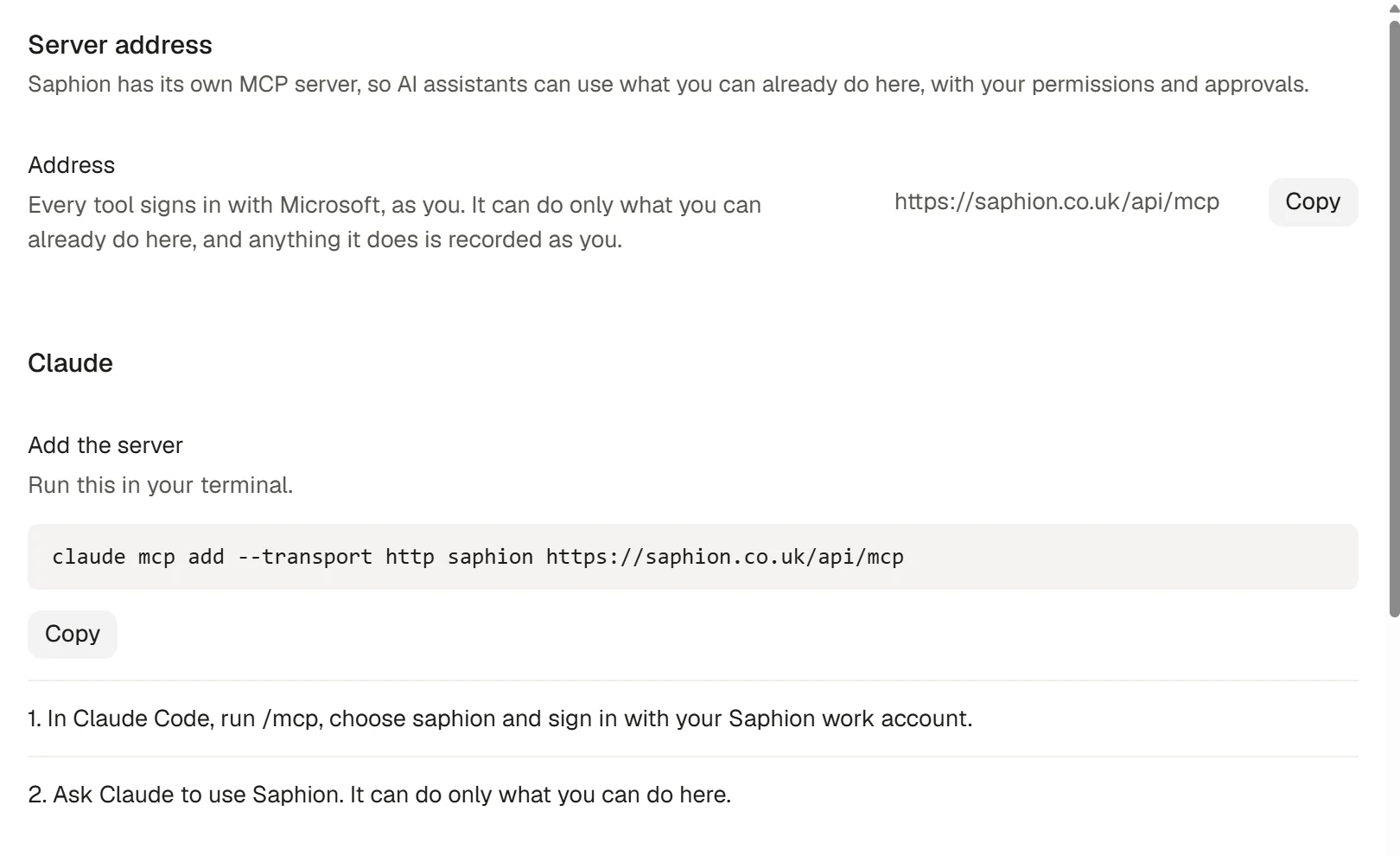 Settings showing the server address and Claude setup.