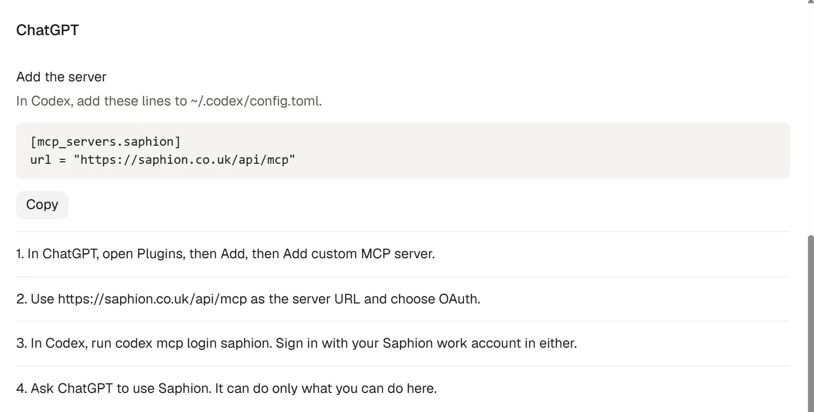 The ChatGPT and Codex setup instructions.
