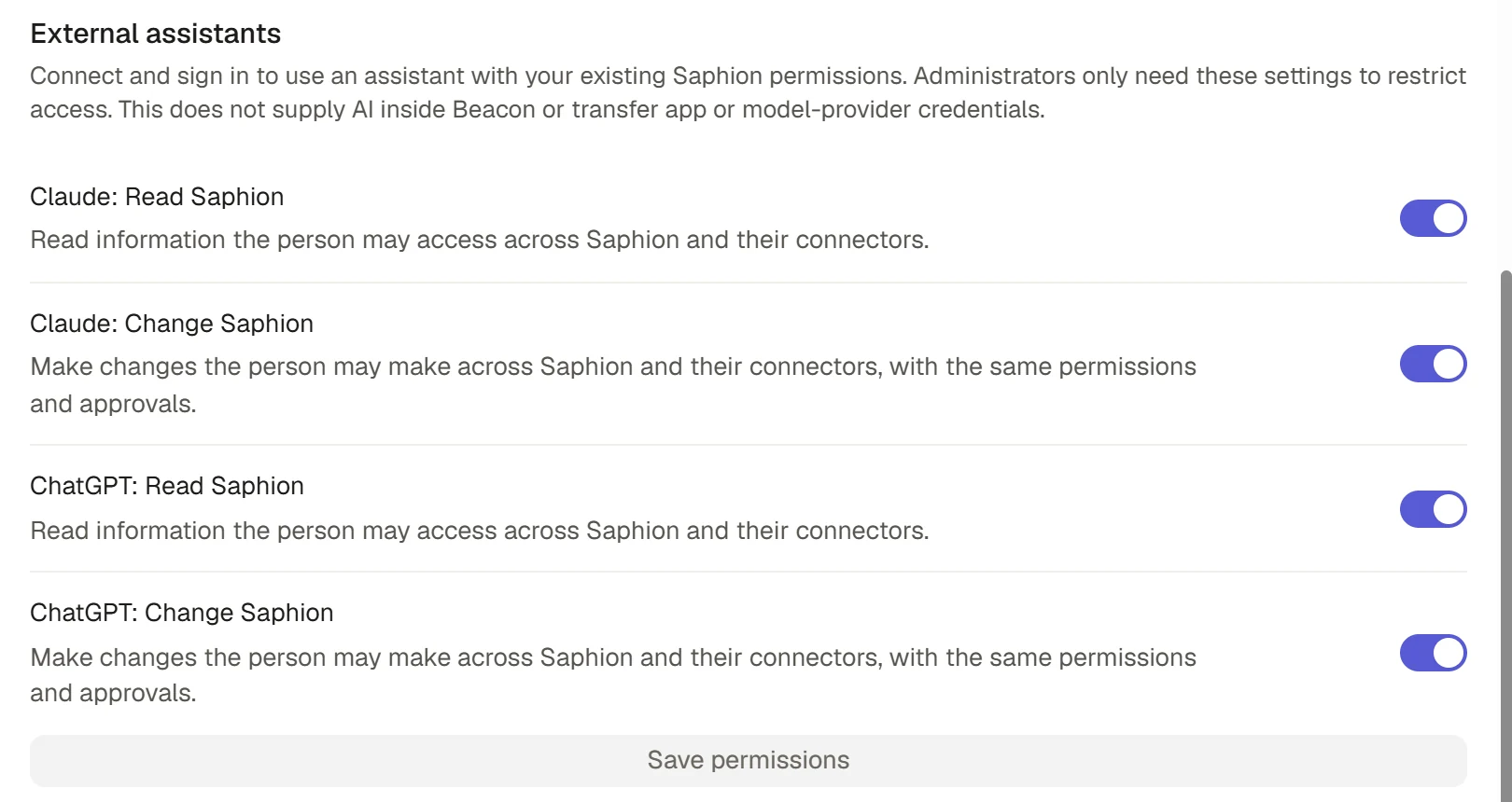 External assistant read and change permissions for Claude and ChatGPT.