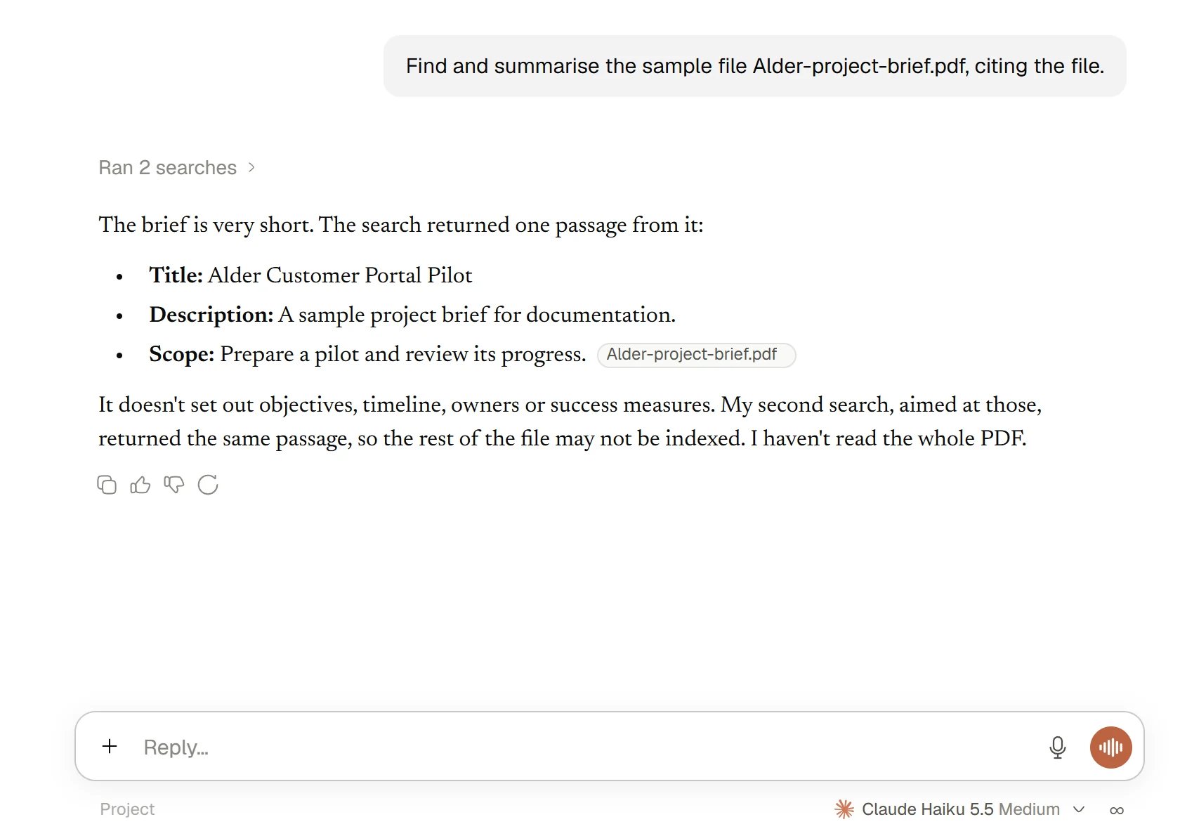 Beacon summarising a sample project brief with a linked source.
