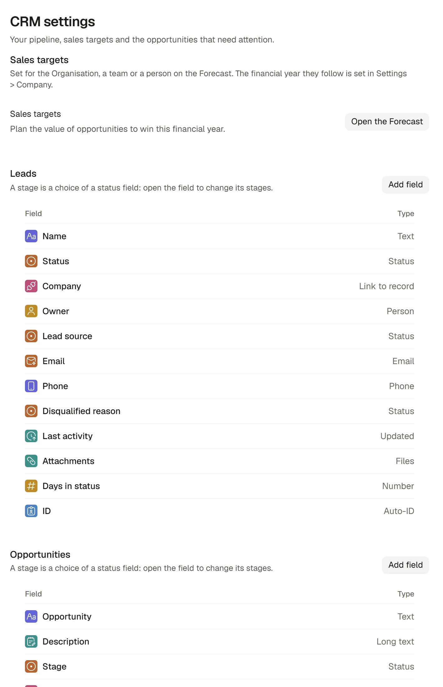 CRM settings showing sales targets and configurable fields.