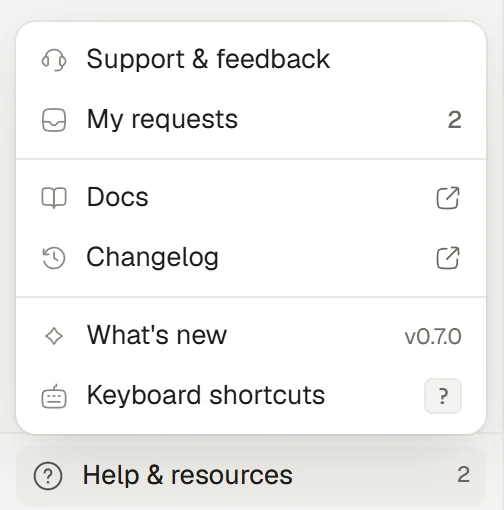 Help and resources menu with support, docs and updates.