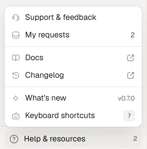 Help and resources menu with support, docs and updates.