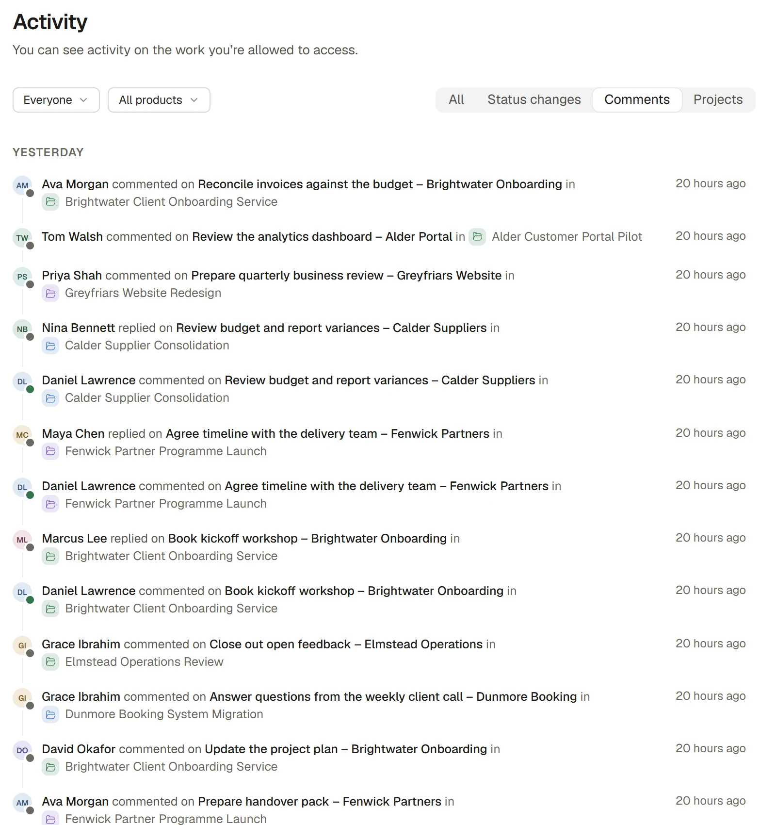 Activity filtered to comments on sample Projects and actions.