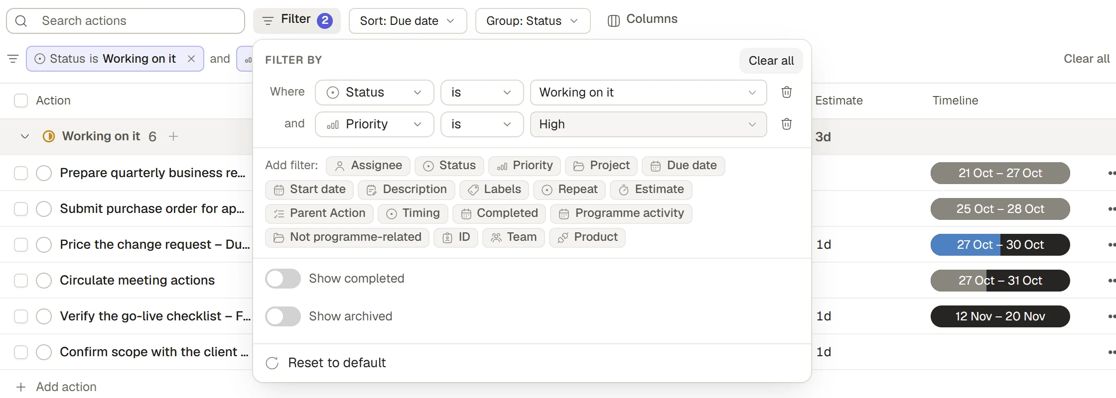 The Filter panel with status and priority conditions applied.