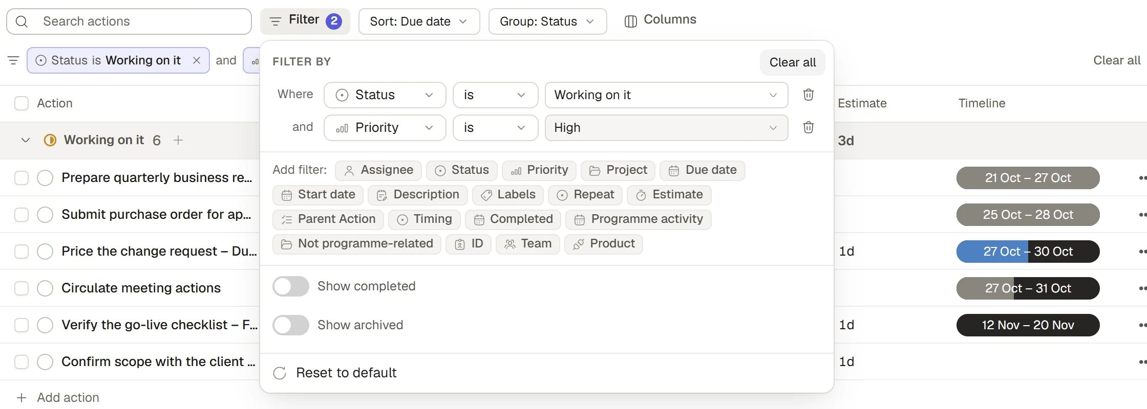 The Filter panel with status and priority conditions applied.