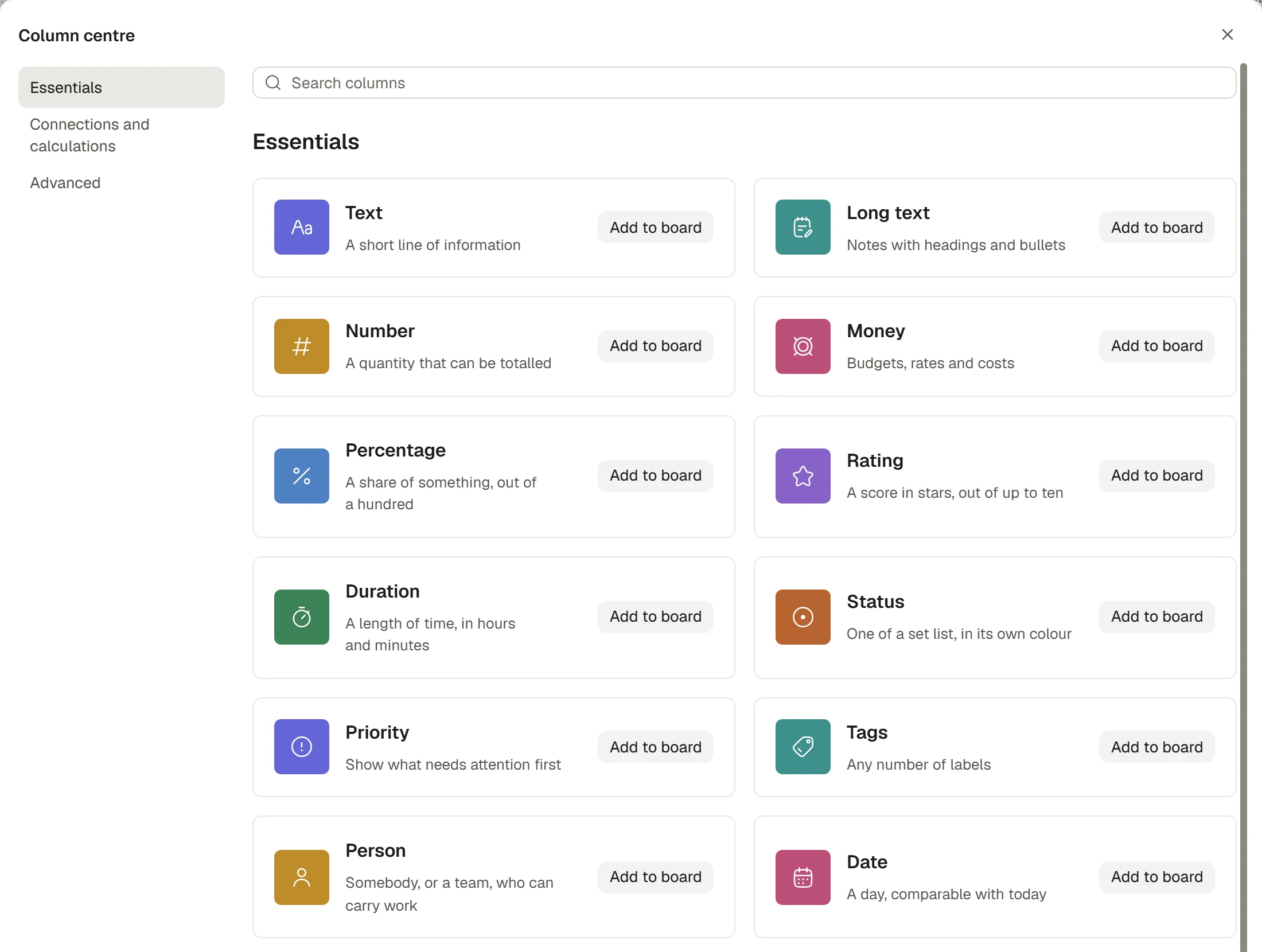 The Column centre showing essential field types and Add to board buttons.