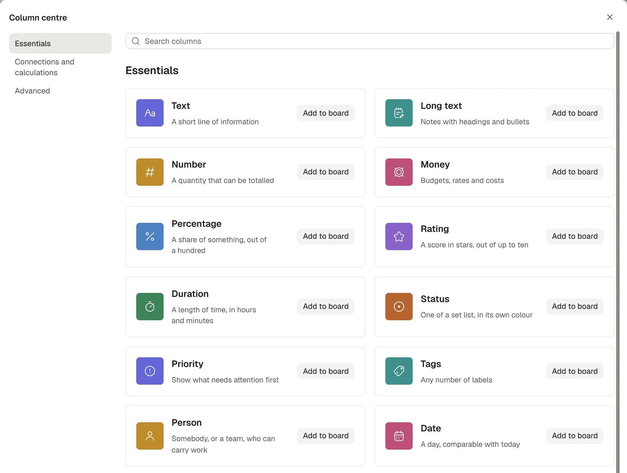 The Column centre showing essential field types and Add to board buttons.