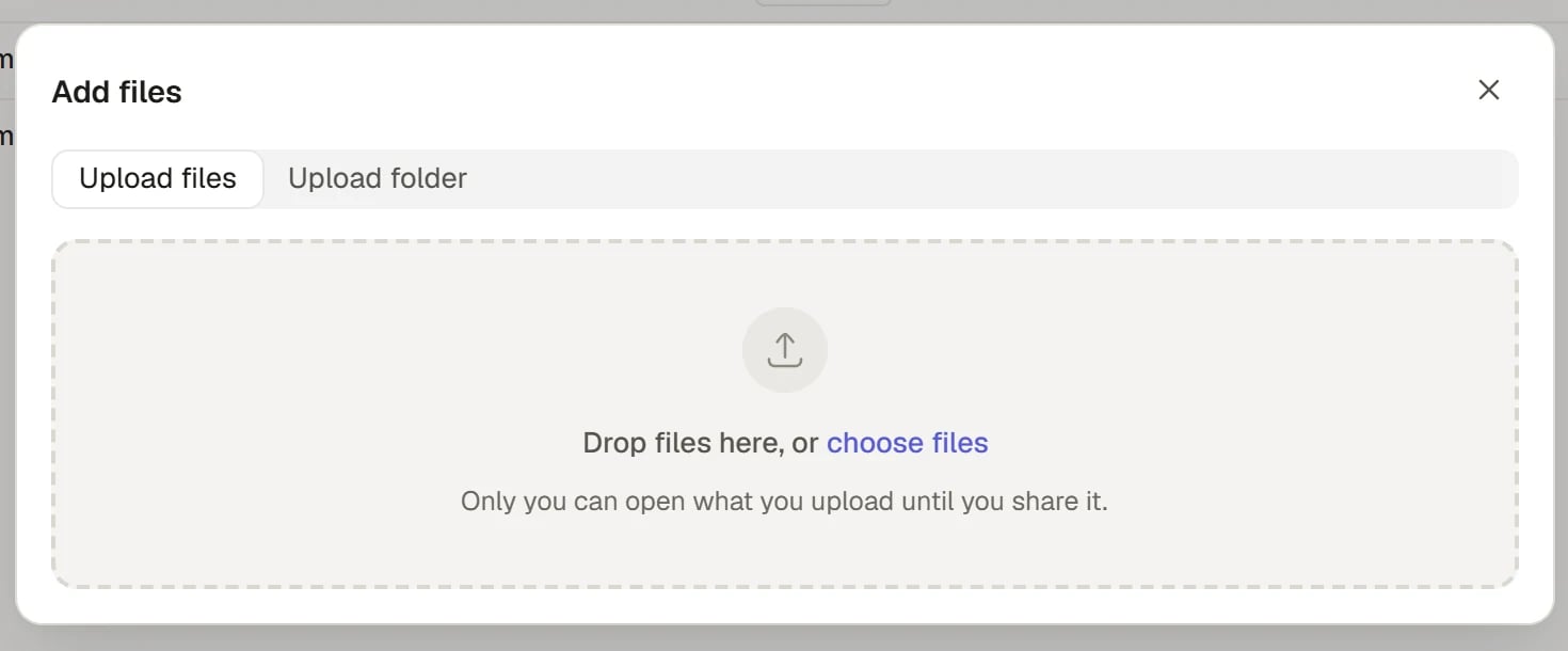 Add files dialog with file and folder upload options and a drop area.