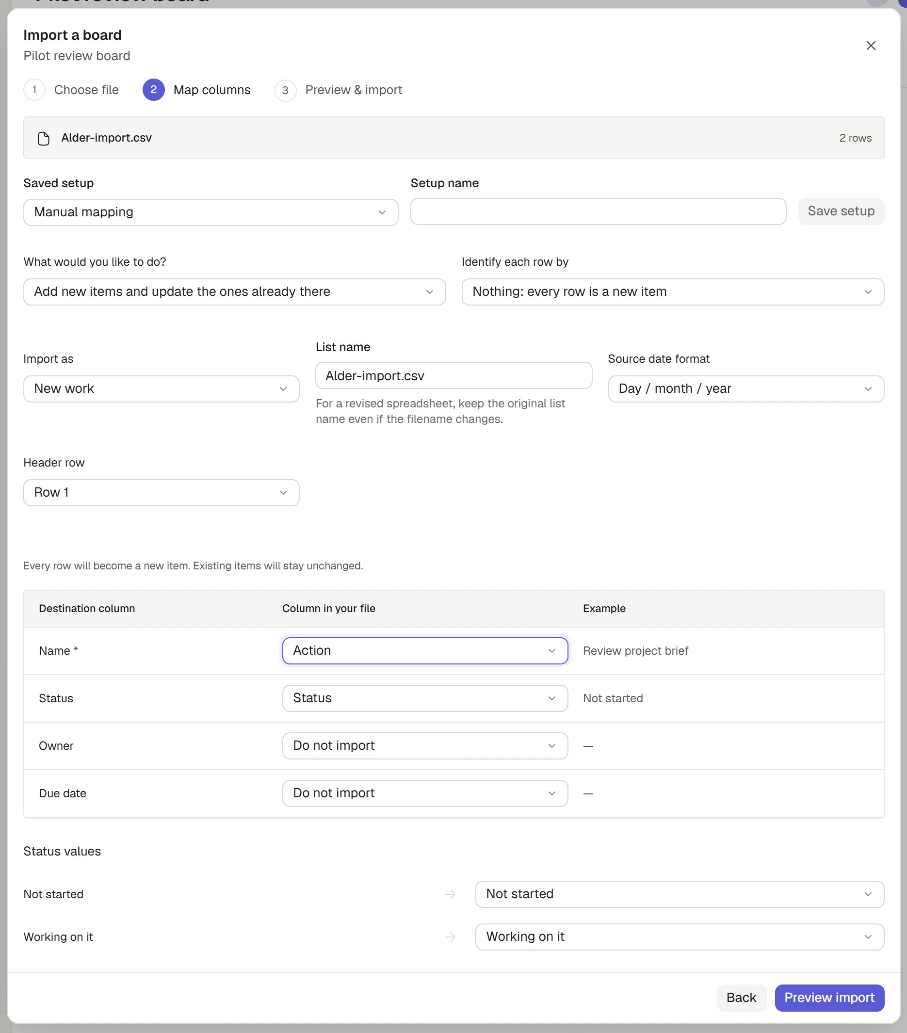Import dialog showing mapped columns from a sample CSV file.