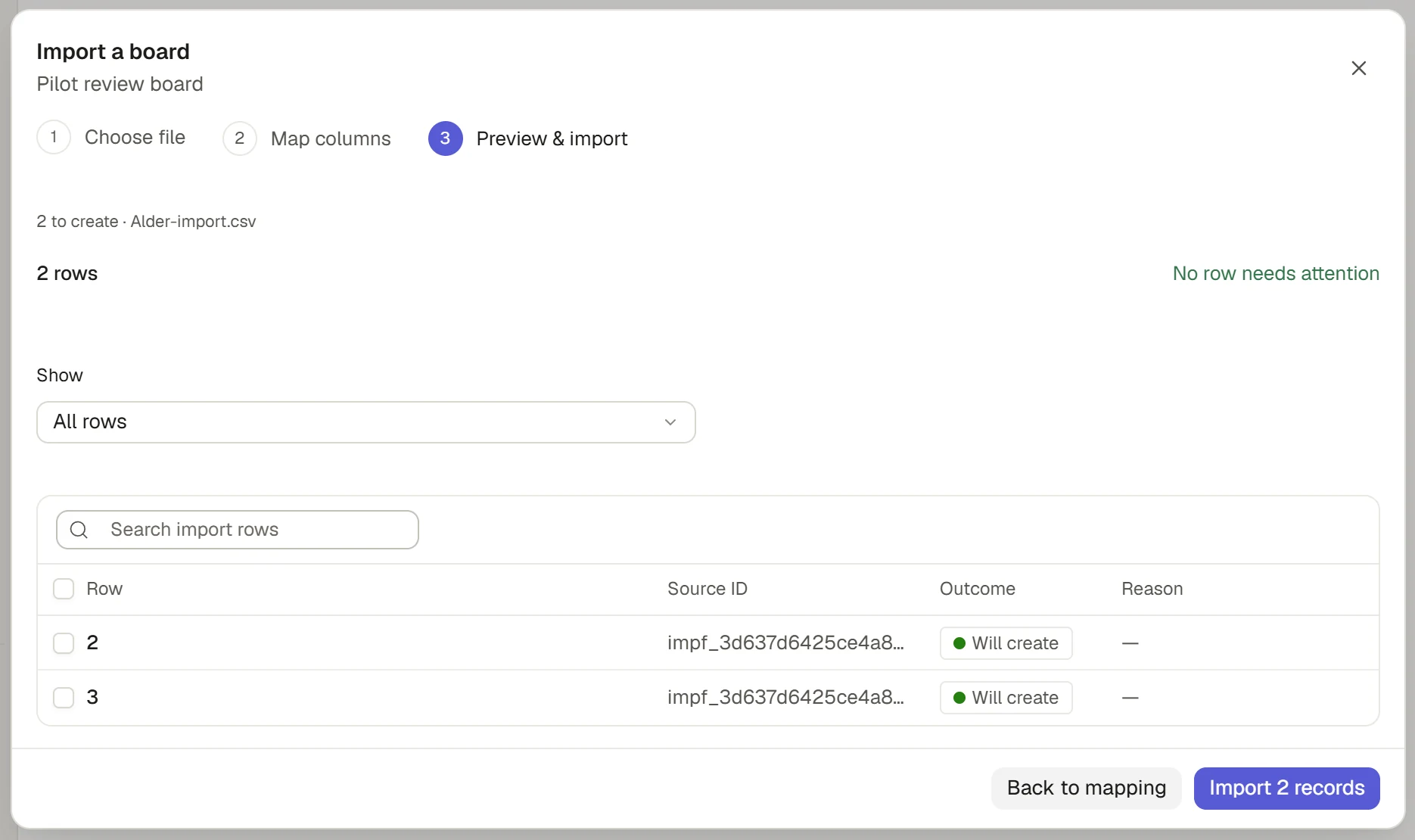 Import preview showing two sample rows that will create records.