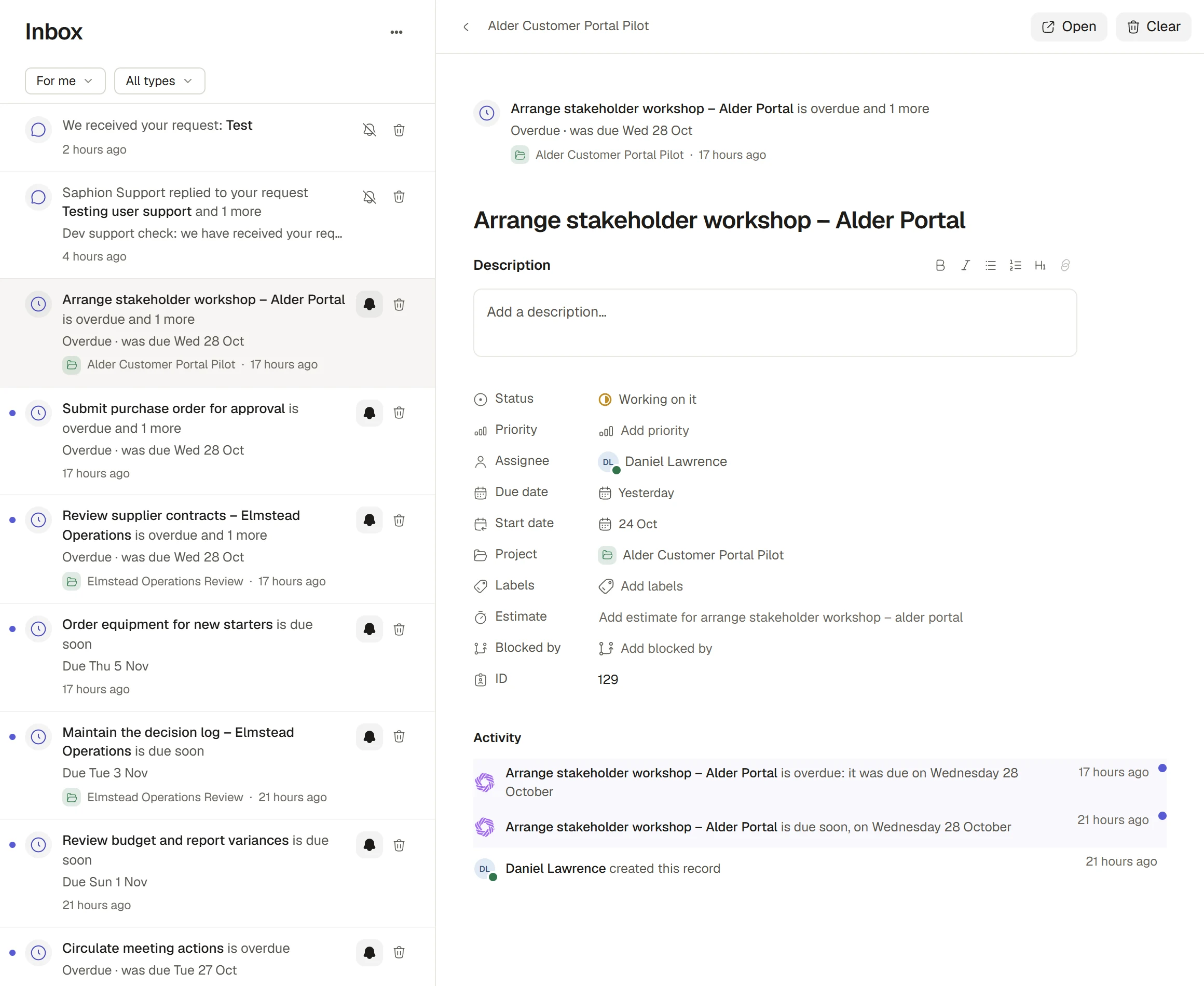 Inbox with notifications and a sample Project action open in the reading pane.