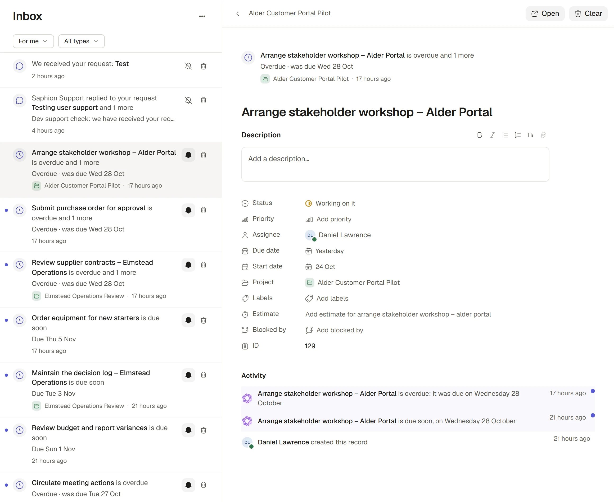 Inbox with notifications and a sample Project action open in the reading pane.