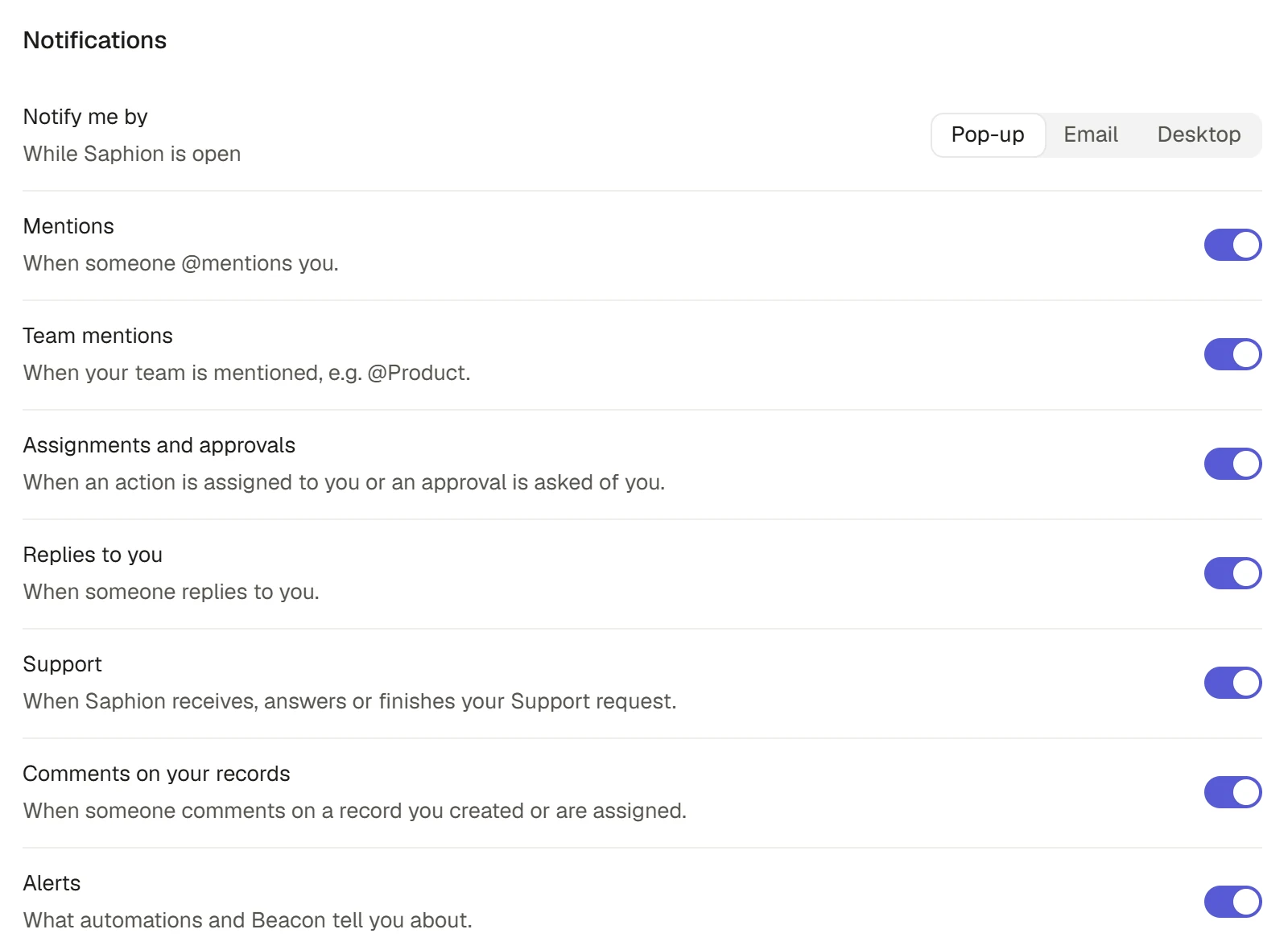 Notification delivery options and event switches in General settings.