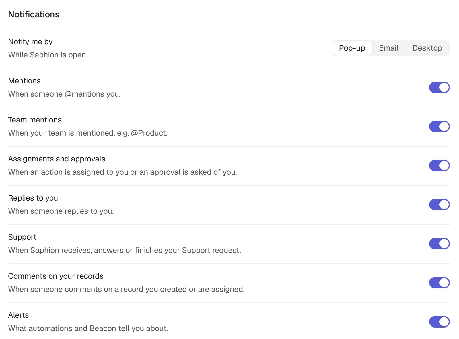 Notification delivery options and event switches in General settings.