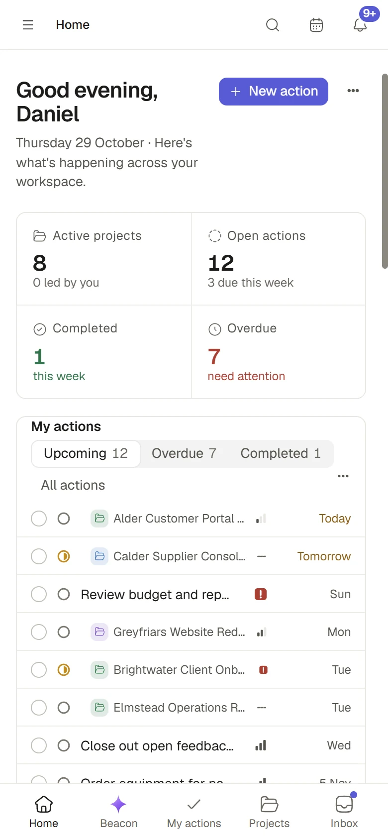 Phone view of Home with key figures, actions and the bottom navigation.