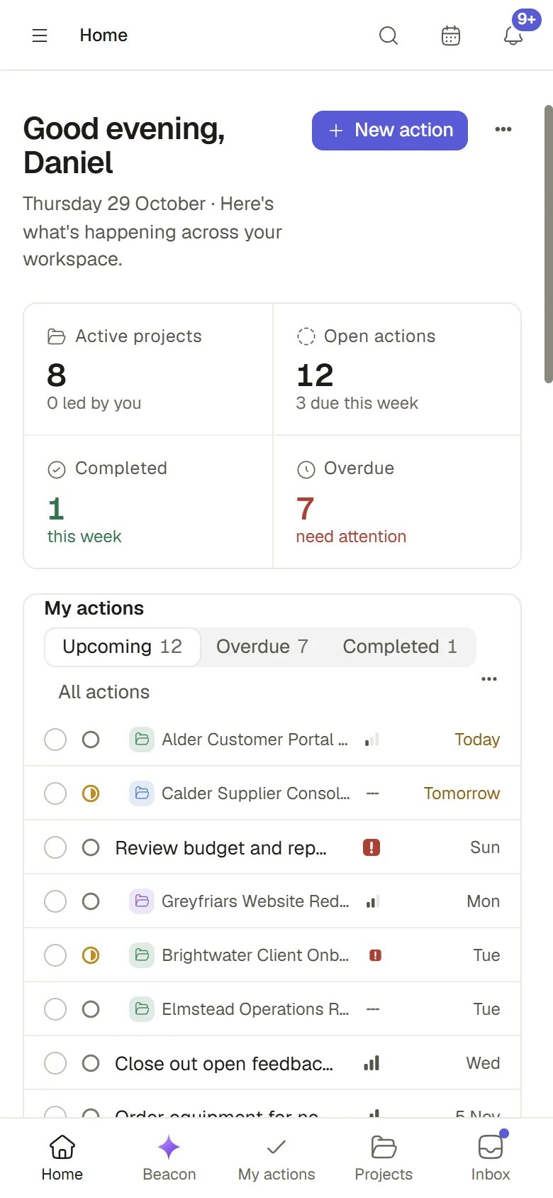 Phone view of Home with key figures, actions and the bottom navigation.