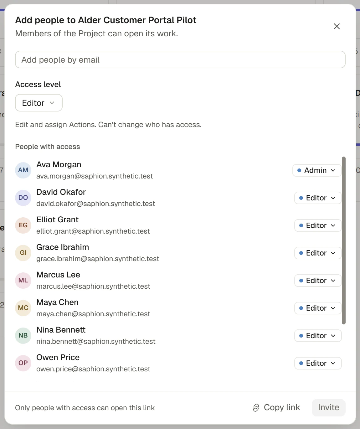 A Project sharing dialog with access levels and sample members.