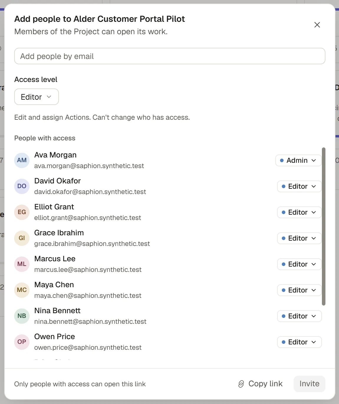 A Project sharing dialog with access levels and sample members.