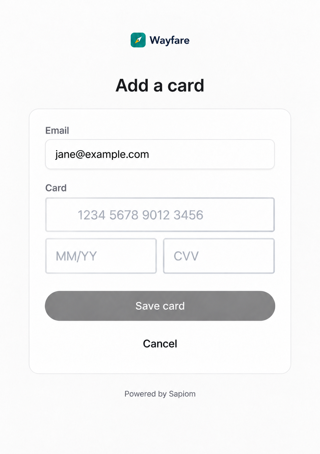 Hosted Add a card page with the Wayfare logo, an email field, card number, expiry and CVV fields, and a Save card button