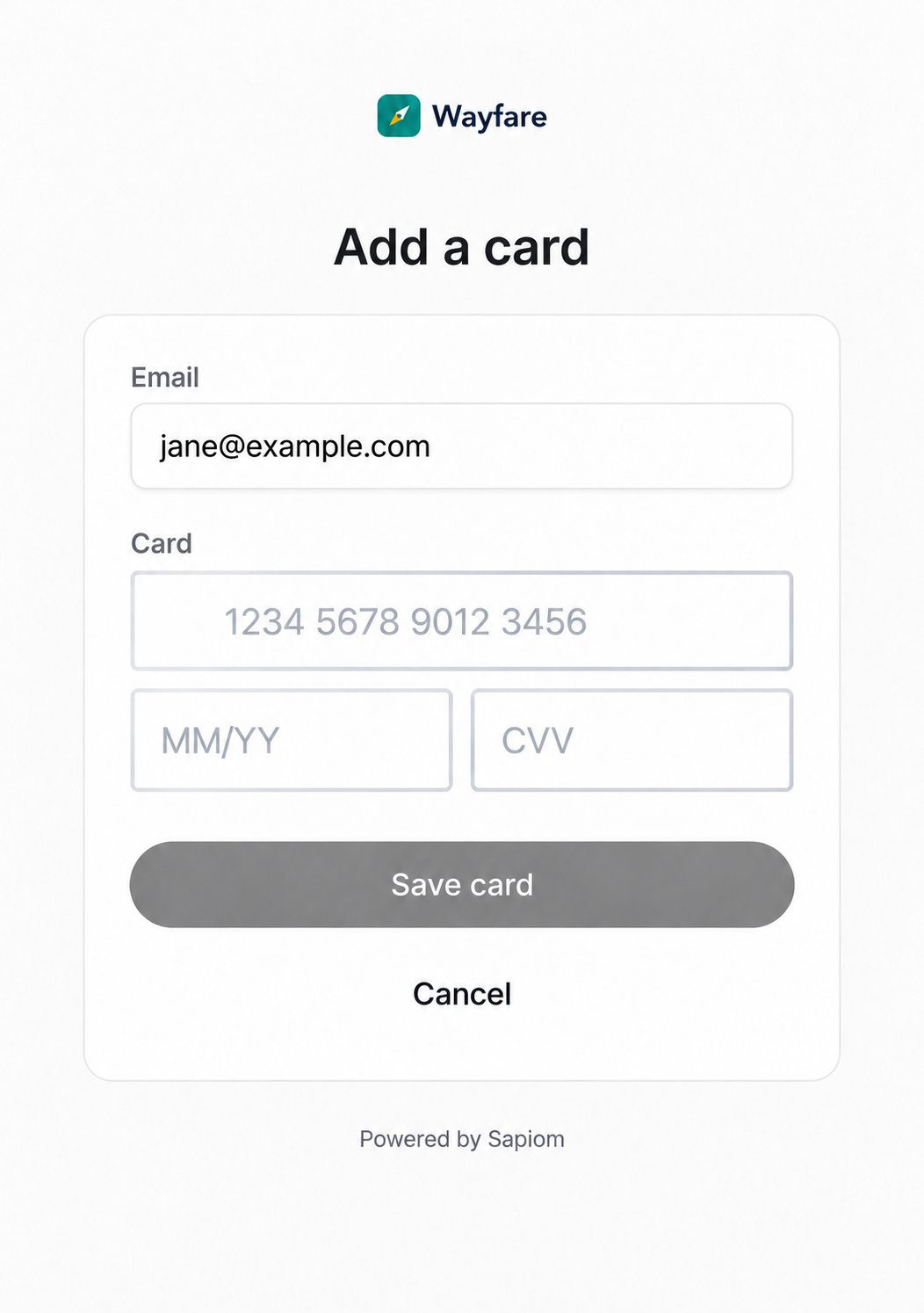 Hosted Add a card page with the Wayfare logo, an email field, card number, expiry and CVV fields, and a Save card button