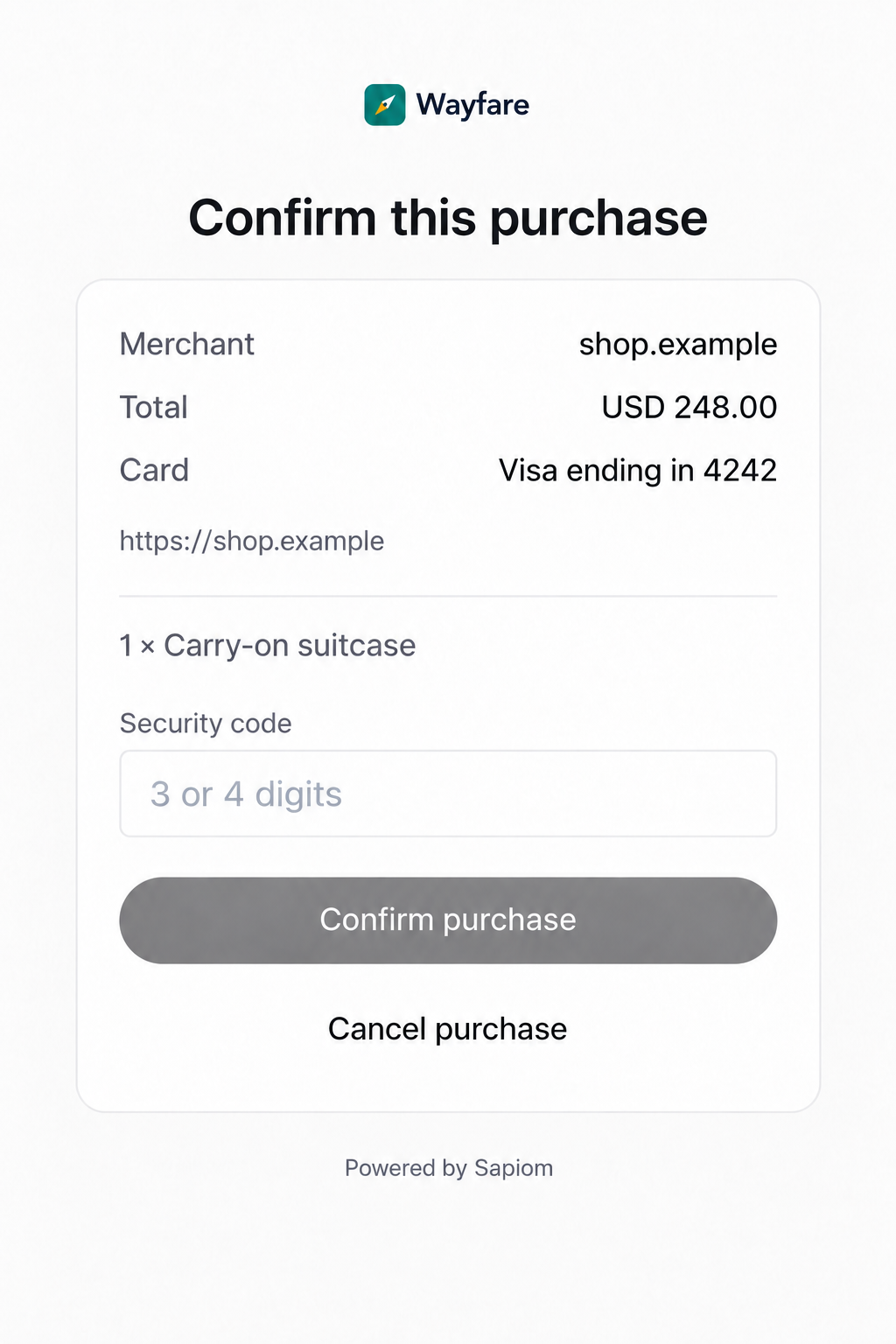 Hosted Confirm this purchase page with the Wayfare logo, showing the merchant, total, card ending 4242, the item and a security code field