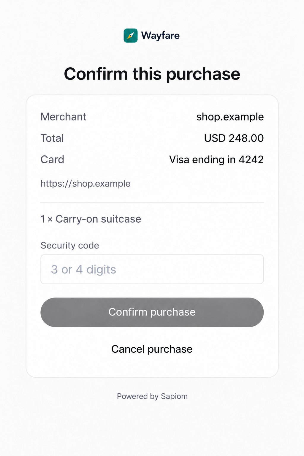 Hosted Confirm this purchase page with the Wayfare logo, showing the merchant, total, card ending 4242, the item and a security code field