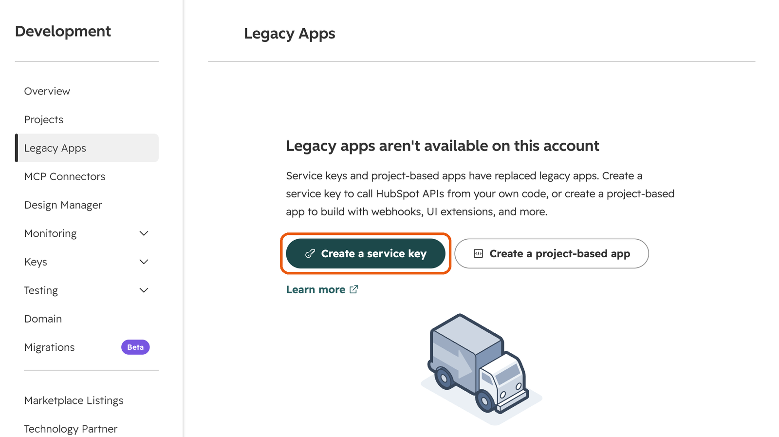 HubSpot Development settings with the Create a service key button outlined