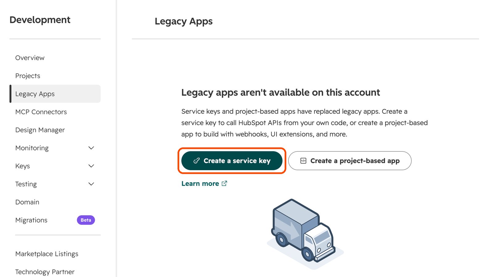HubSpot Development settings with the Create a service key button outlined