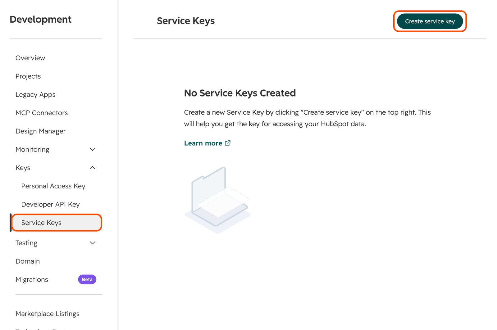 The Service Keys page with Service Keys and Create service key outlined