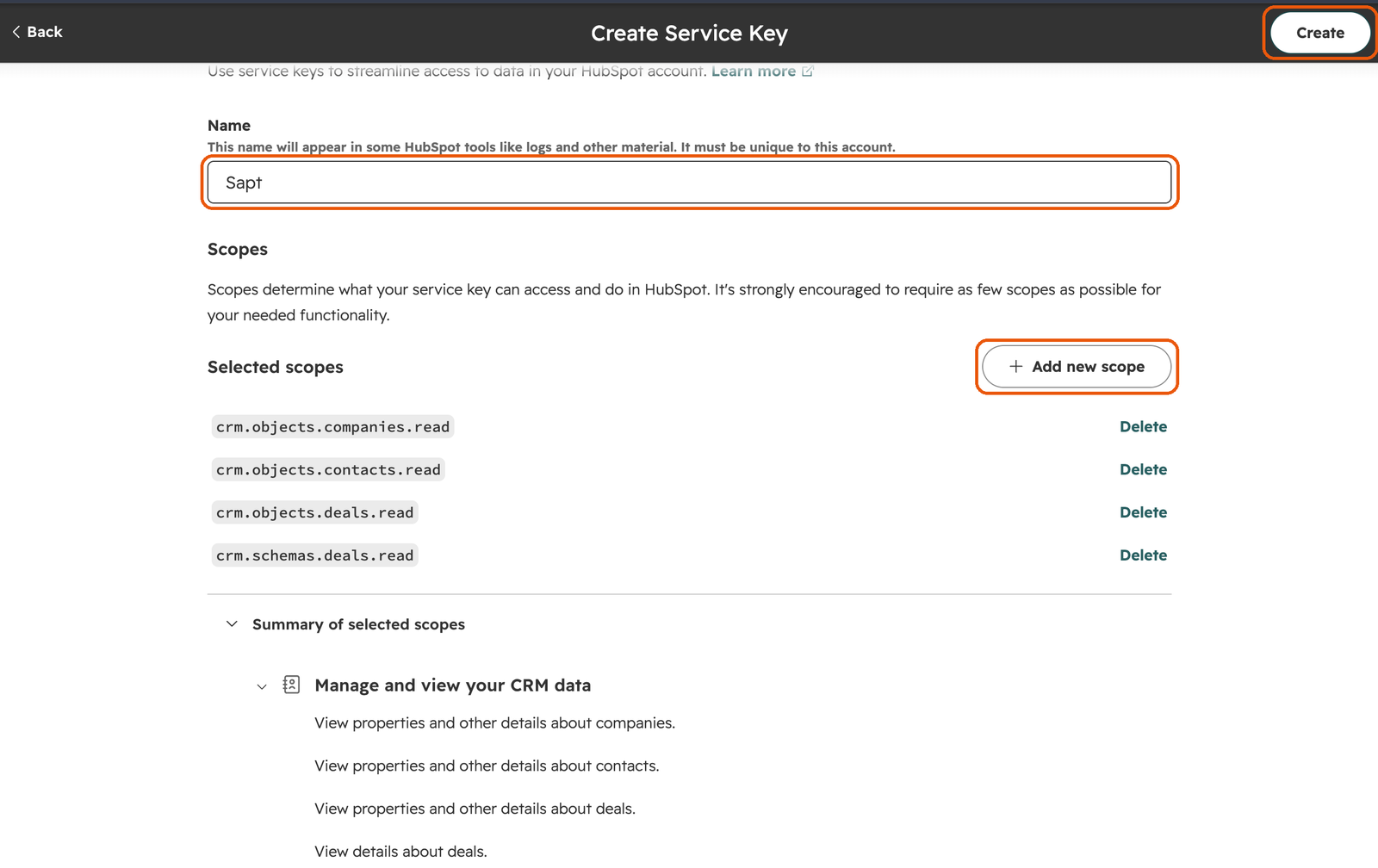 The Create Service Key form with the name, Add new scope and Create outlined