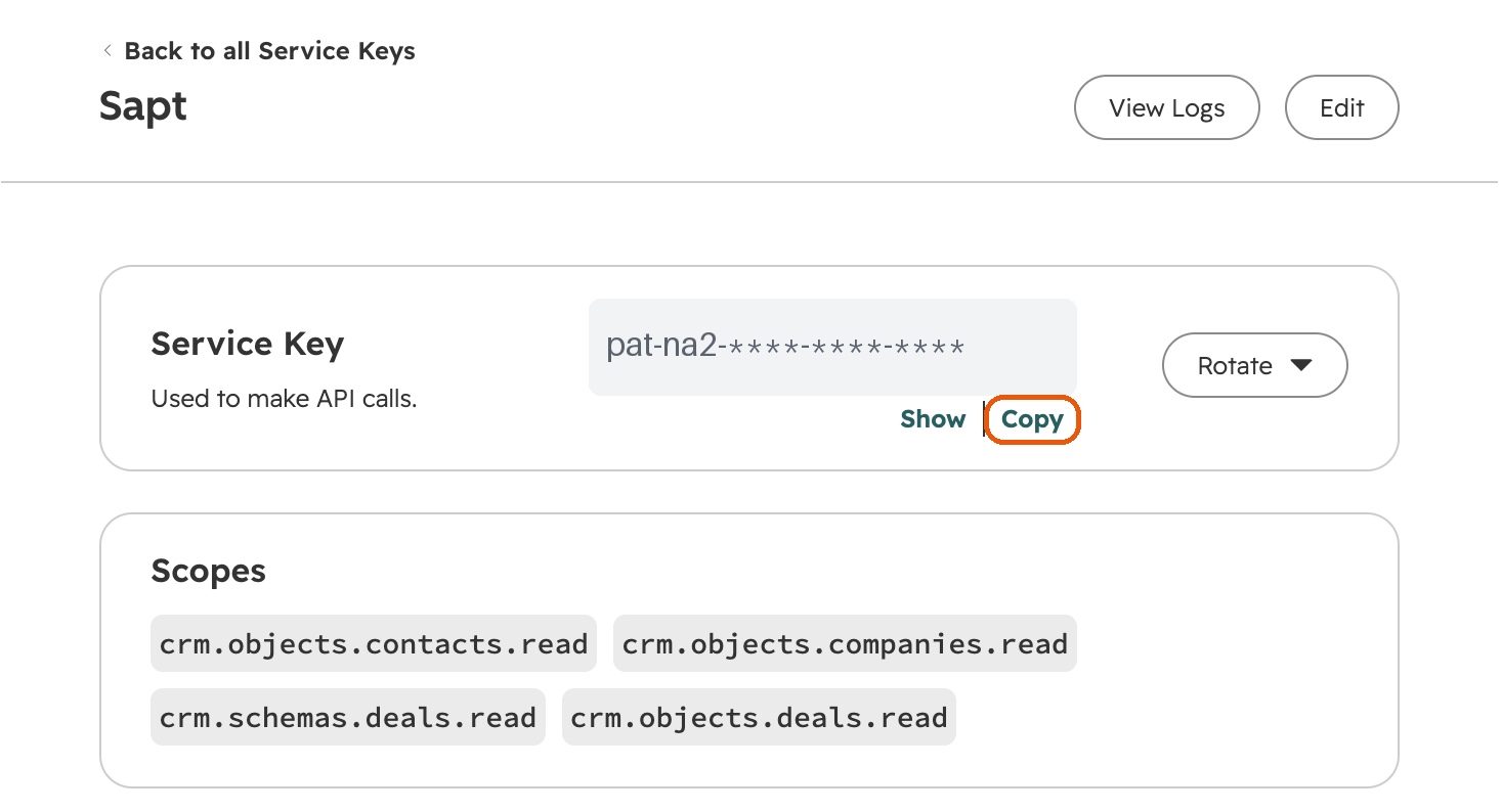 The new Sapt service key with Copy outlined