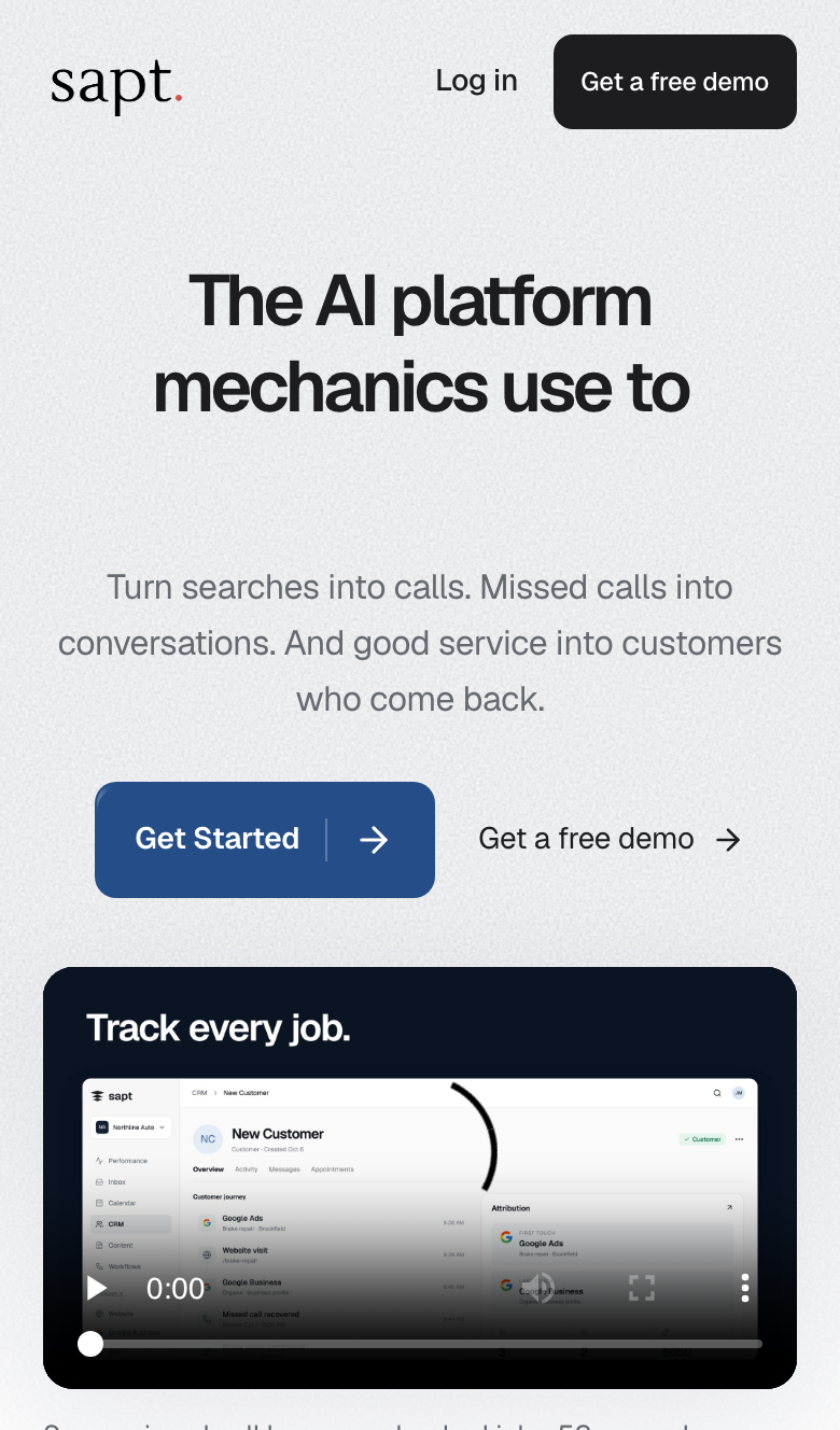 The sapt.ai home page with the Get Started button
