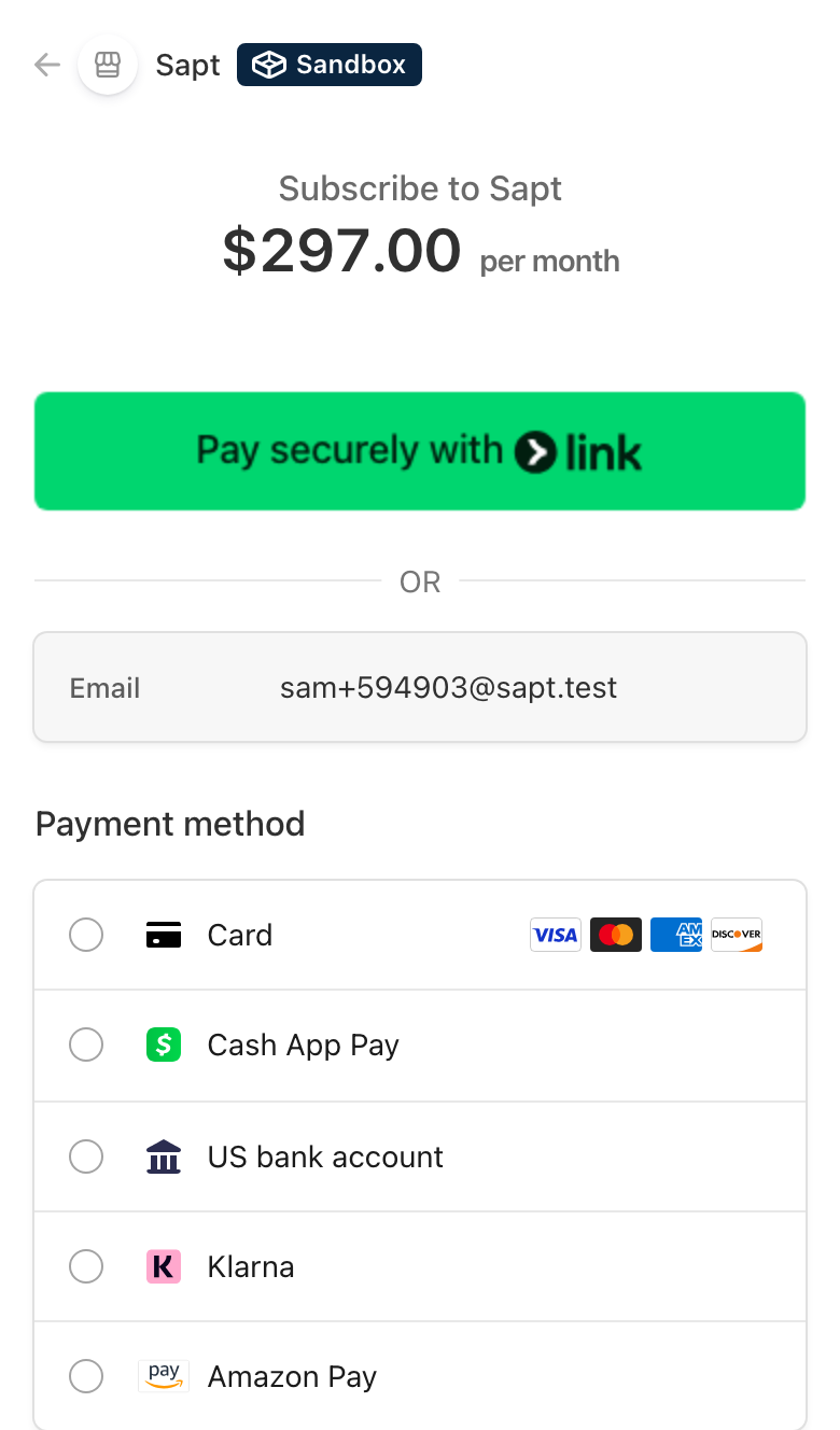 The Stripe payment page for $297 a month