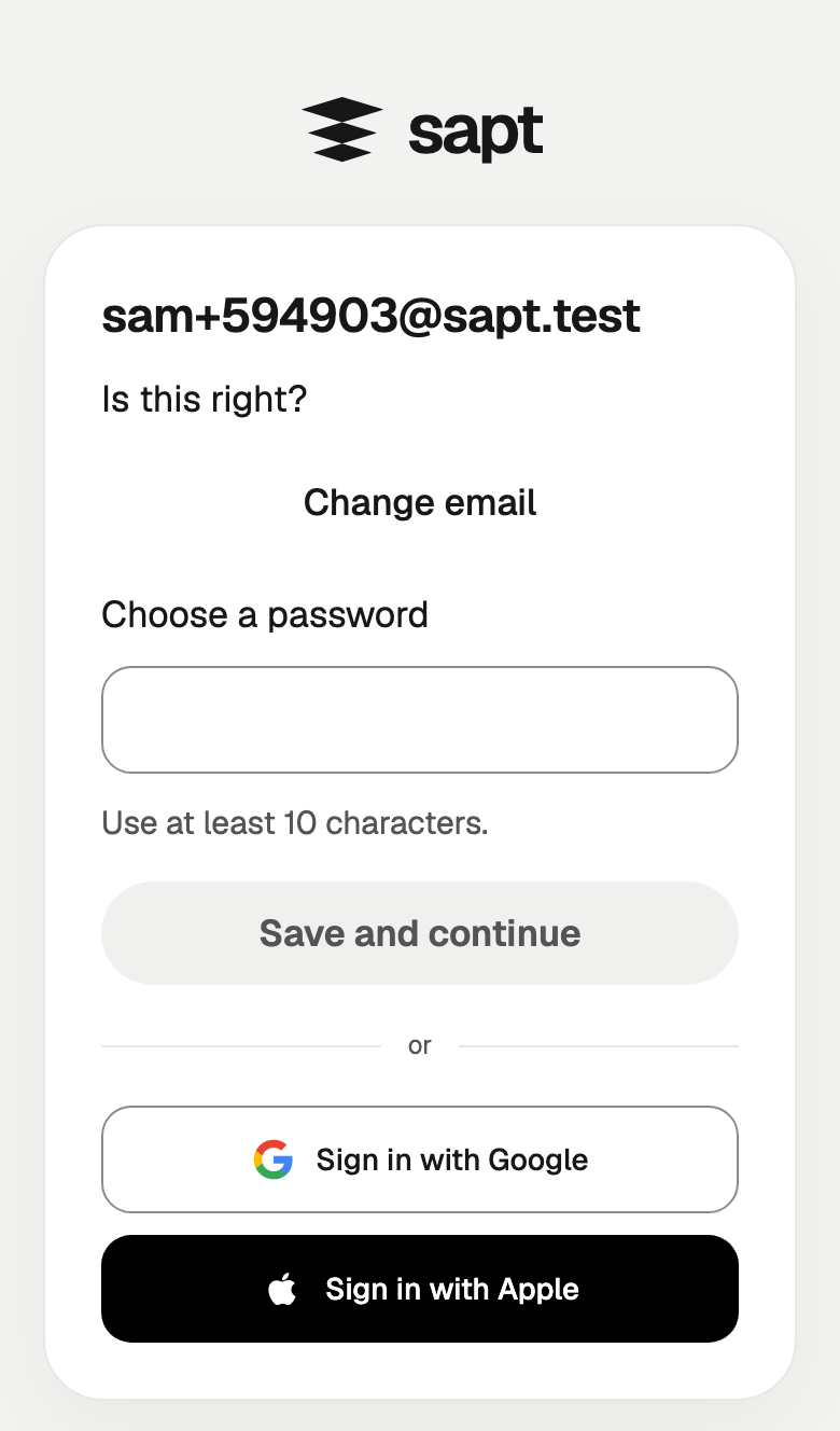 Your email with Is this right?, and a box to choose a password