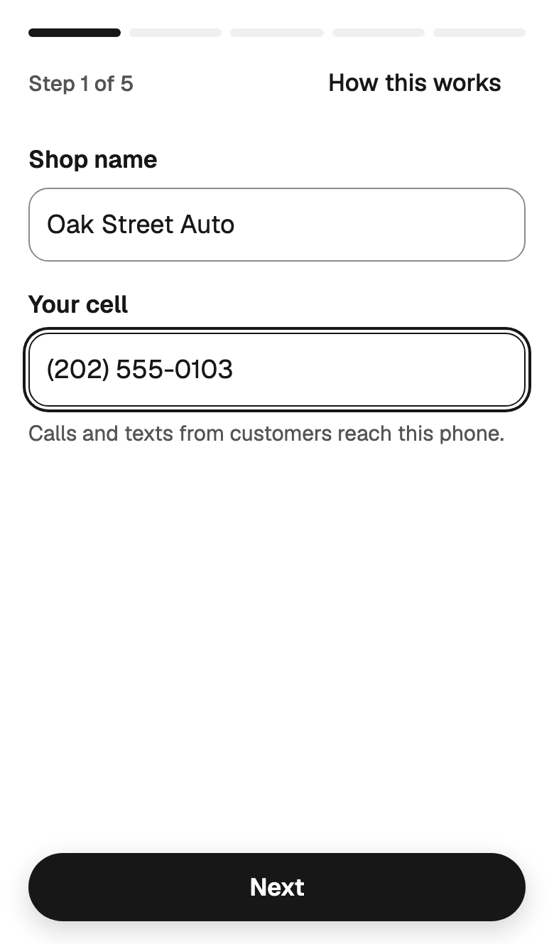 Step 1 of 5: your shop name and your cell