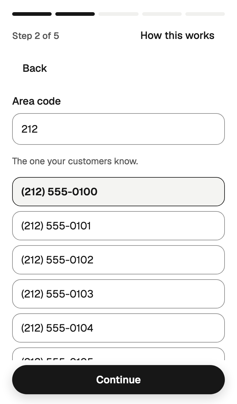 Step 2 of 5: an area code and the numbers you can pick