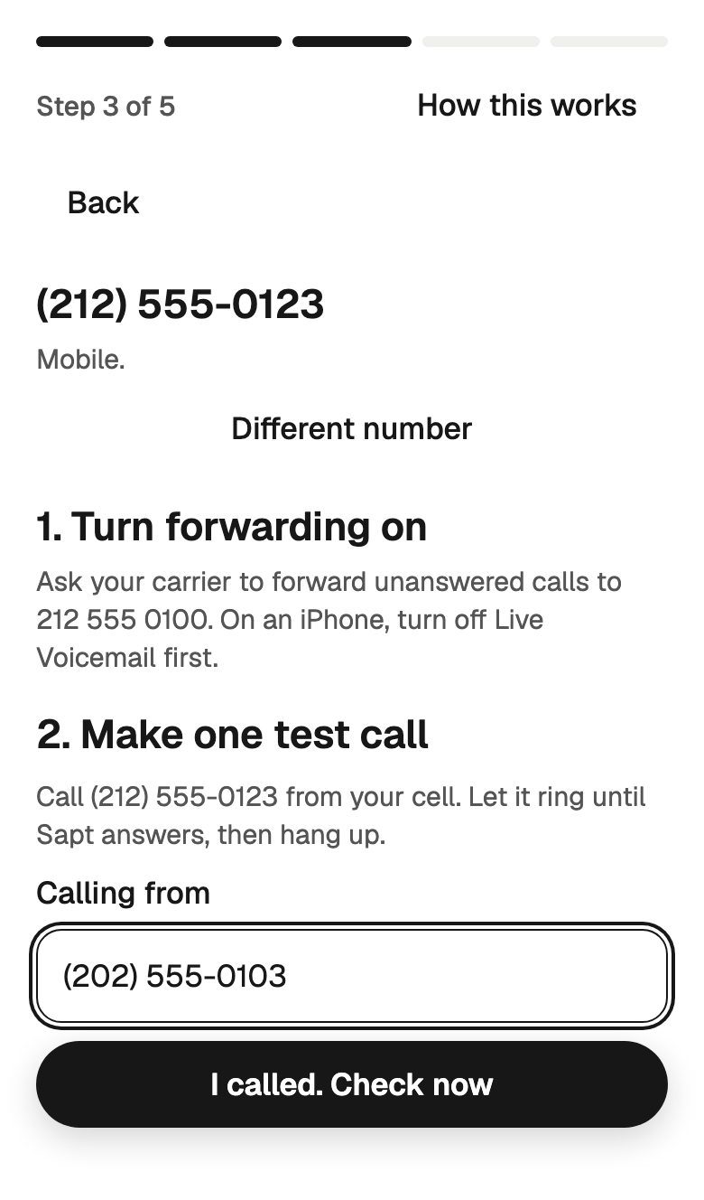 Step 3 of 5: your main number, how to forward it, and the test call
