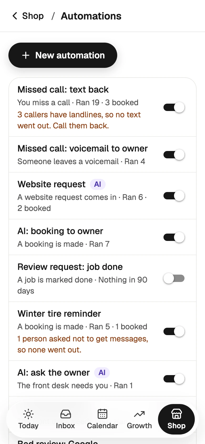 The Automations list on a phone: New automation at the top, then each automation with its switch