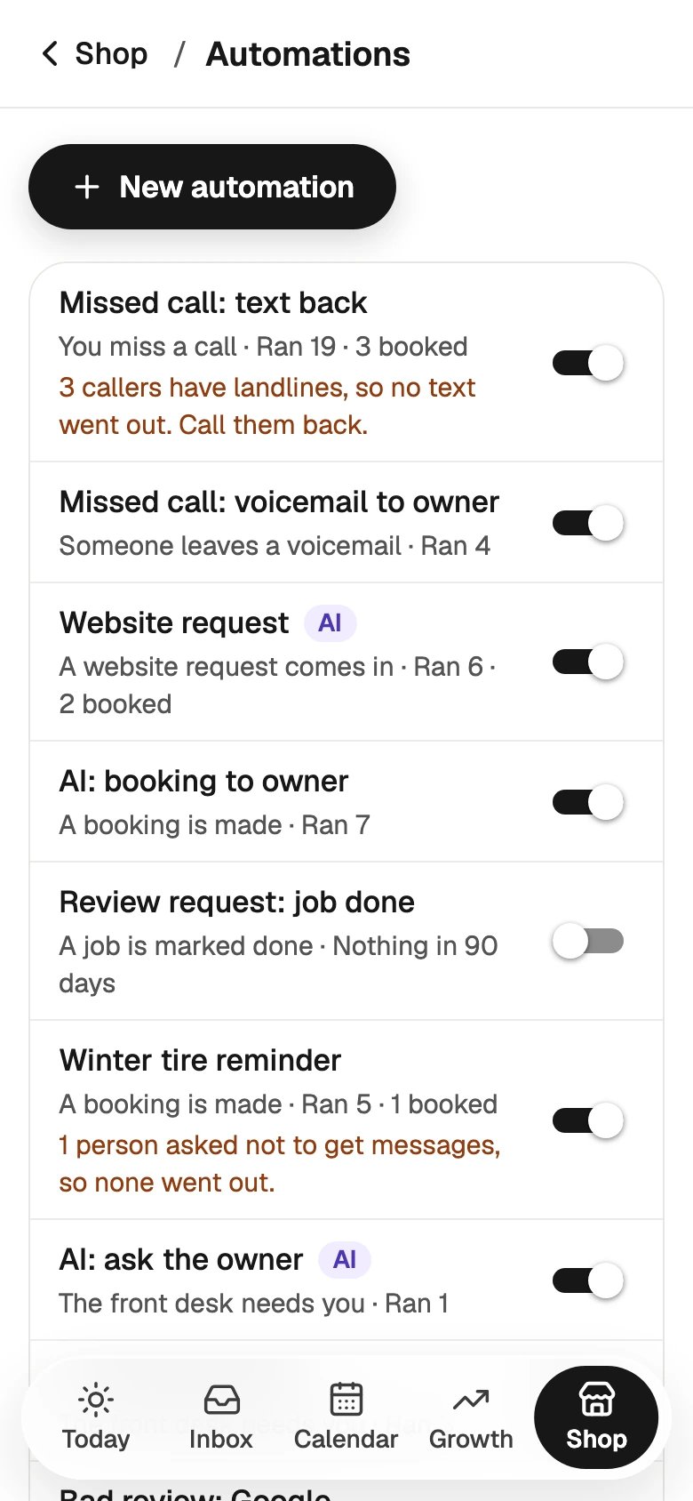 The Automations list on a phone: New automation at the top, then each automation with its switch
