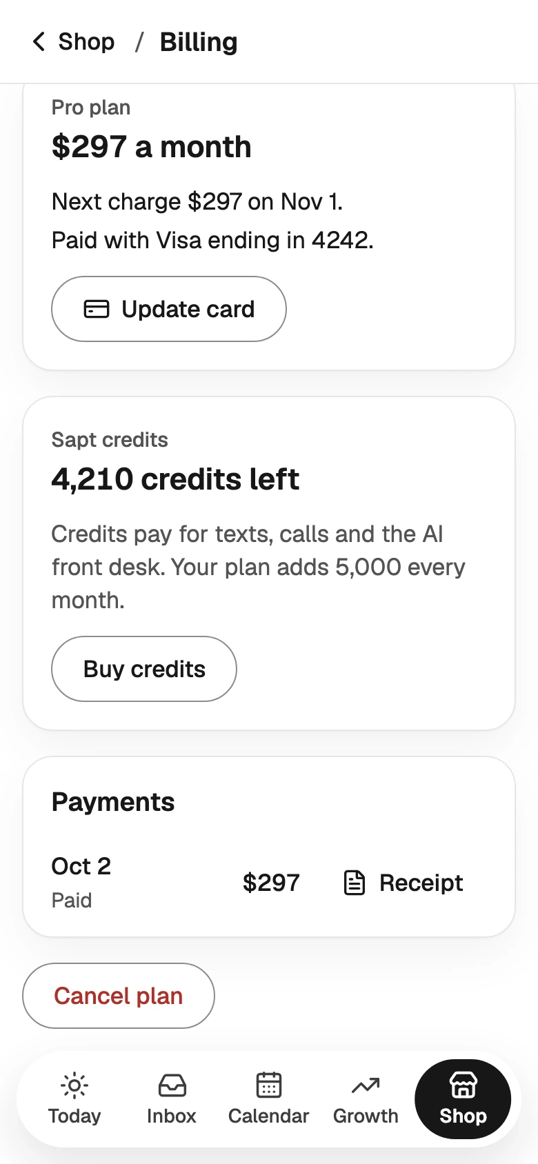 Billing on a phone: the plan with Update card, Sapt credits with Buy credits, payments, and Cancel plan