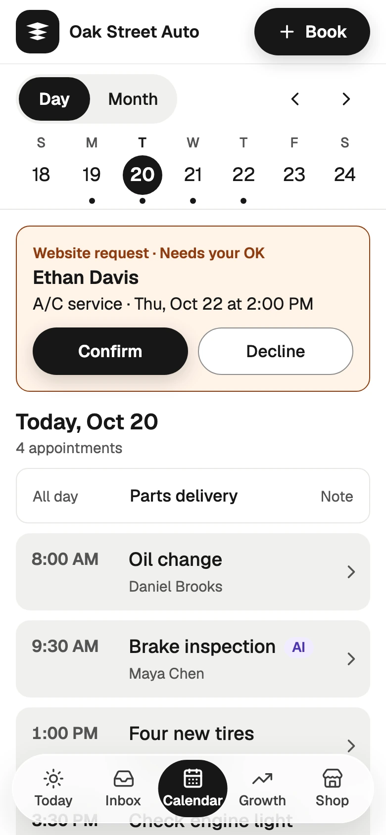 Website request, Needs your OK, at the top of the phone app's Calendar: Ethan Davis, A/C service on Thursday at 2:00 PM, with Confirm and Decline