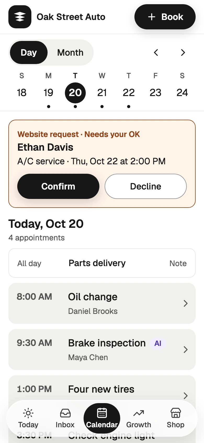 Website request, Needs your OK, at the top of the phone app's Calendar: Ethan Davis, A/C service on Thursday at 2:00 PM, with Confirm and Decline