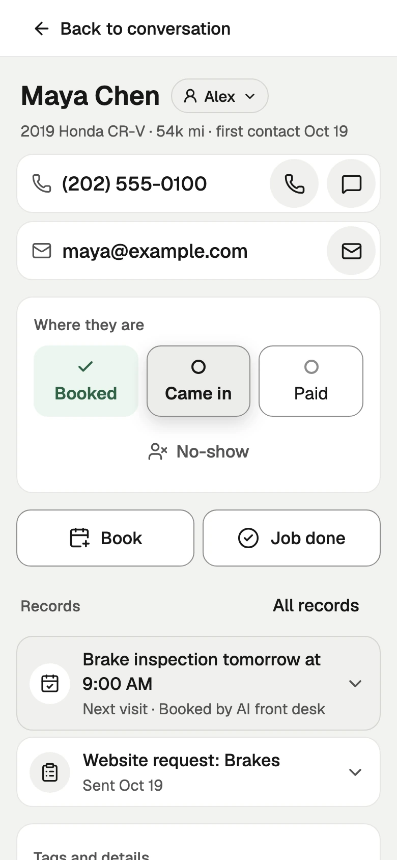 Maya Chen's card on a phone: call, text and email buttons, Where they are with Booked ticked, Book, Job done, and her records